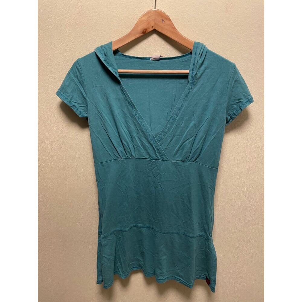Vintage Womens Top Size Large Aqua Hooded Babydoll Stretch Casual Grunge 90s Y2K